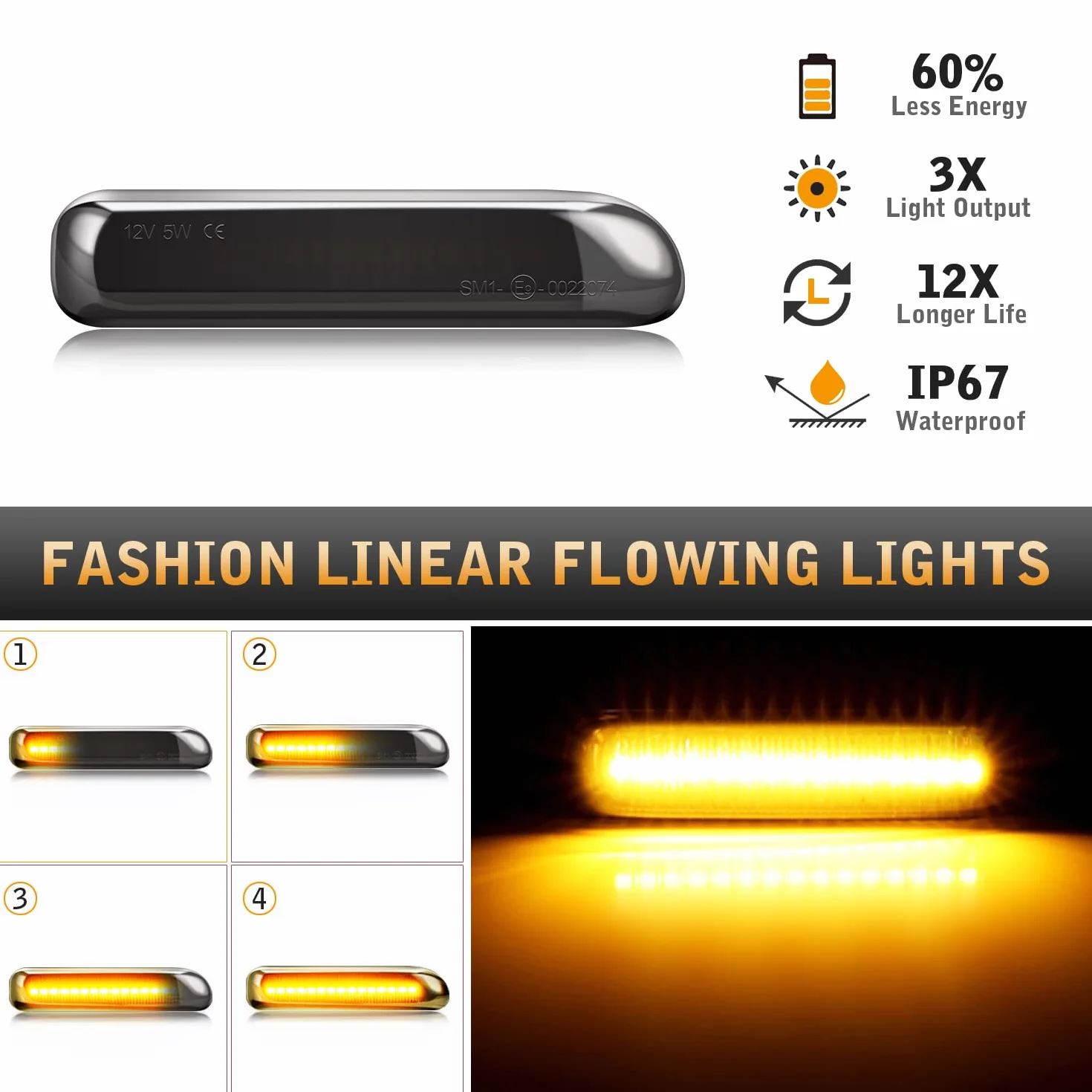 TECTICO LED Dynamiczny kierunkowskaz boczny Żółty Super jasny Canbus CE E9 Sekwencyjne światła powtarzające Kompatybilny z BMW E46 Limo Touring Coupe Compact Cabriolet, 2 Lampy