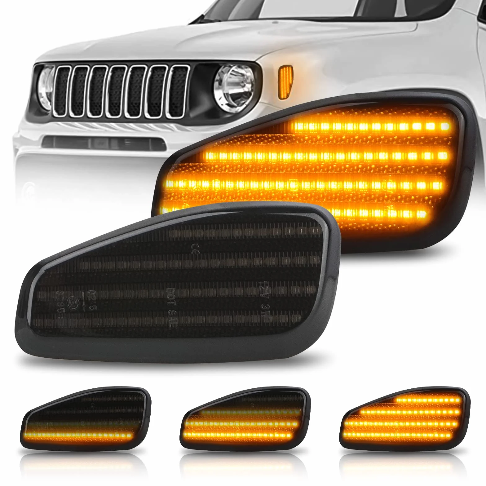 D-Lumina Dynamiczne bursztynowe światła kierunkowskazów LED, sekwencyjny, migacz, kierunkowskaz, przedni błotnik, przydymiona soczewka, kompatybilna z Jeep Renegade 2015-2017 (pasuje tylko do
